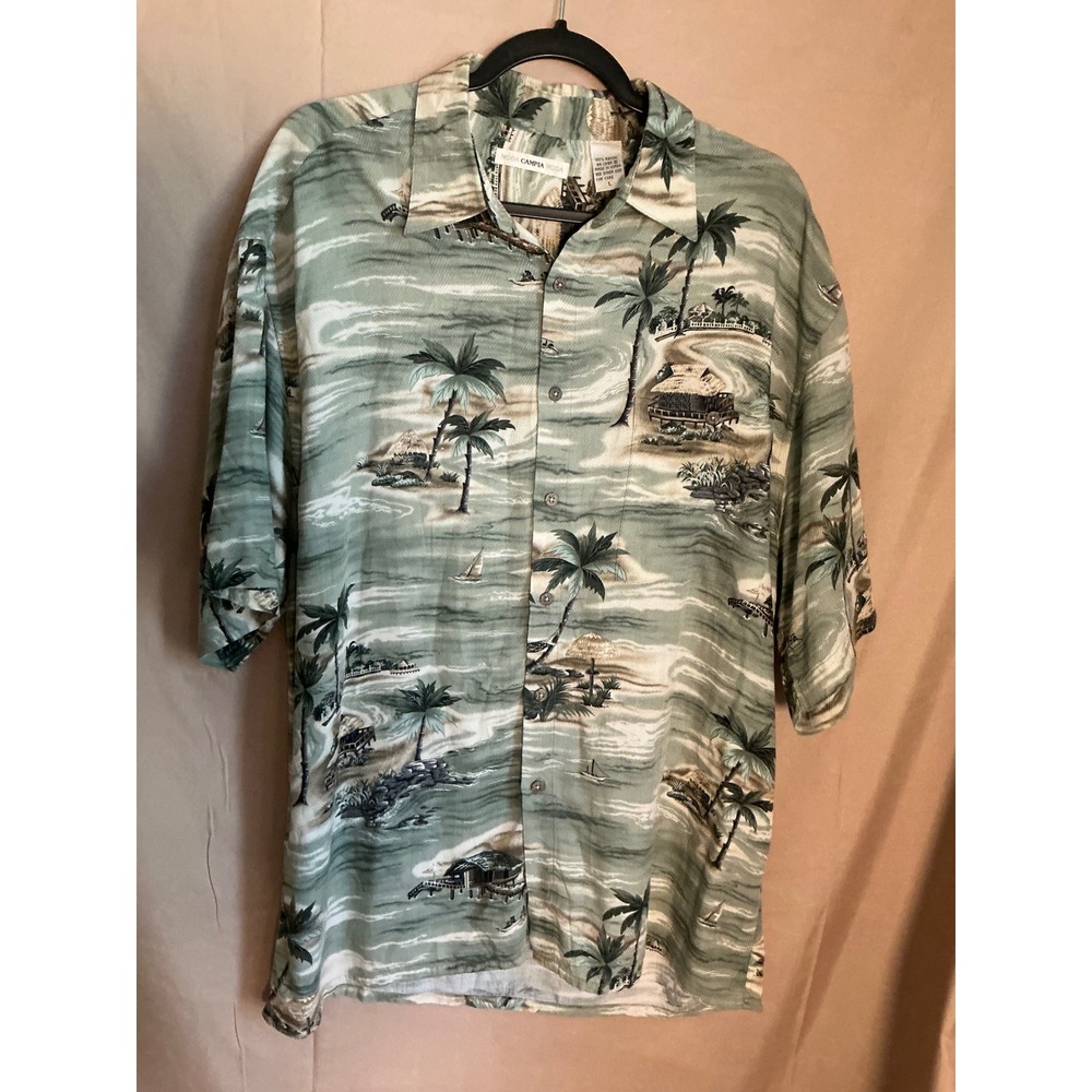 Moda Campia Moda Hawaiian Shirt Mens Large Green Excellent Tropical Rayon Camp